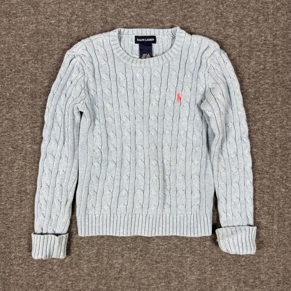 Vintage Ralph Lauren Cable Knit Sweater Kids Small Light Blue Preppy Academia